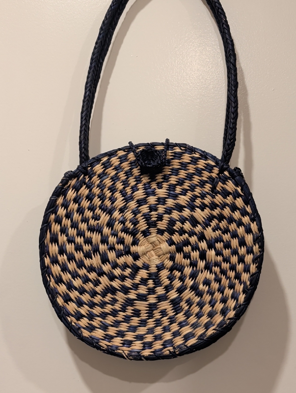 Round Navy and Natural Woven Crossbody Bag